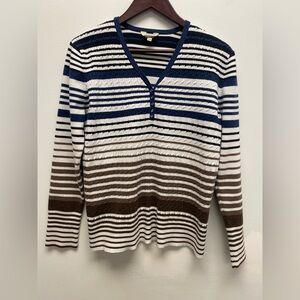4 for $25 🍒 Denver Hayes Navy and Brown Striped V-Neck Sweater 2x